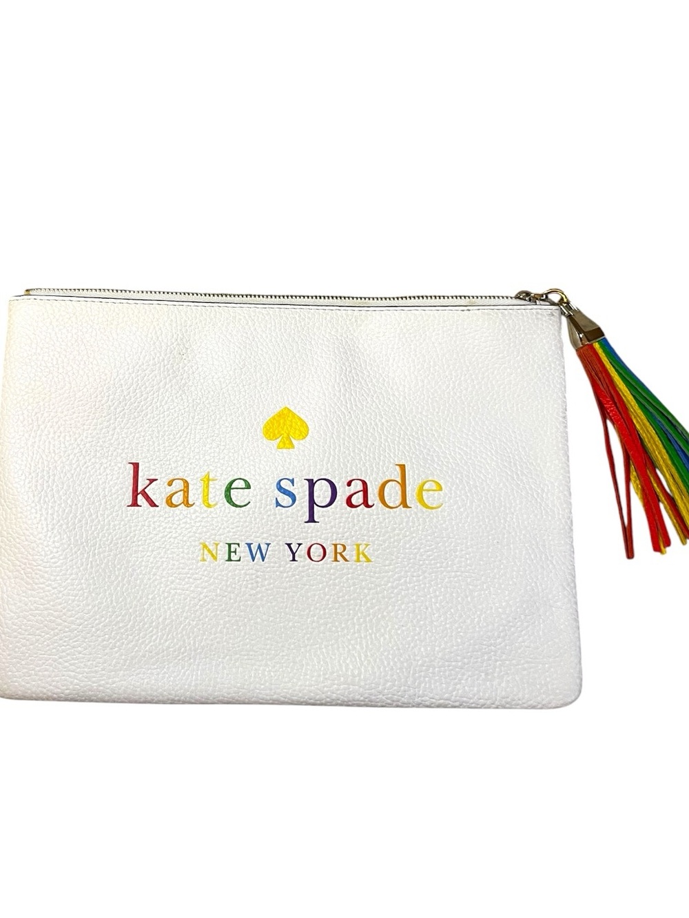 kate spade Kourtney Spectrum White Leather Rainbow Logo Tassel Pouch / Clutch